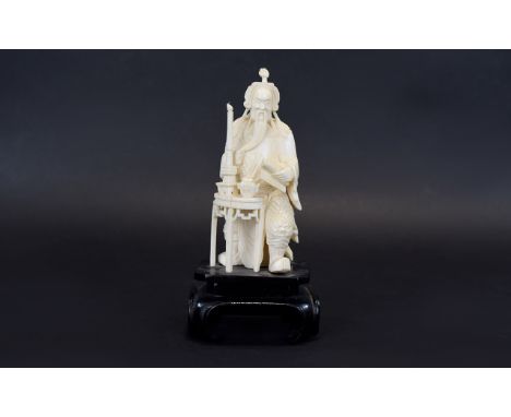 Chinese Nice Quality Carved Ivory Figure. c.1900 of a Noble Man ( Dressed In Warriors Robes ) Seated at a Table with Large Ca