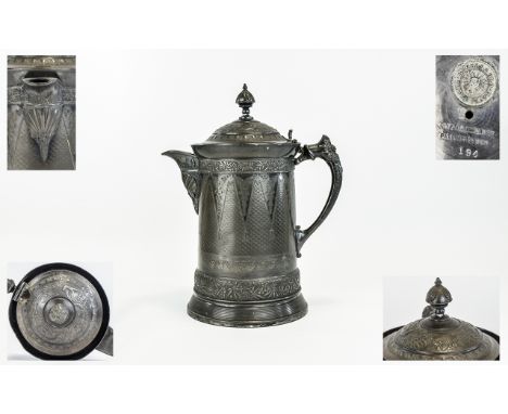 Large 19thC American Rogers & Bro Triple Plate Pitcher, Hinged Top, Engraved And Embossed Decoration Throughout, Ceramic Line
