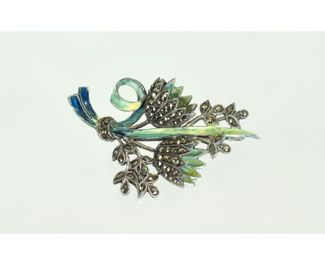 Art Deco Period Elegant Silver and Enamel Brooch Set In The Form of Tulips, The Blue and Green Enamel Set with Marcasite's, M