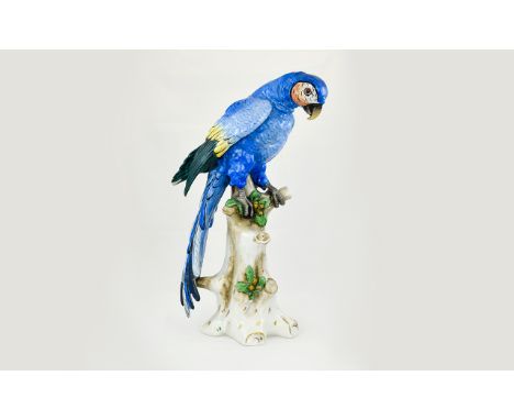 Samson - Late 19th Century German Large Ceramic Hand Painted Bird Figure - Blue Parrot on a Perch. Unmarked to Base. c.1880's