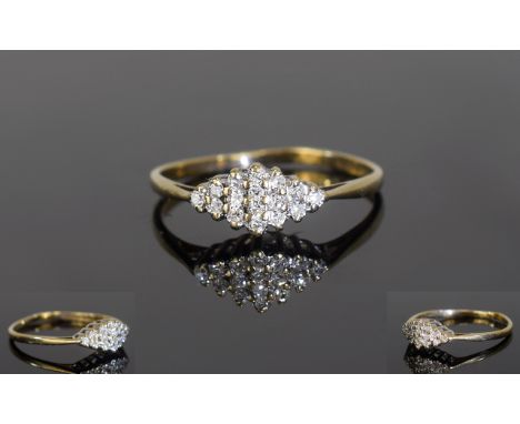 9ct Gold Diamond Cluster Ring, Fully Hallmarked, Ring Size K. 
