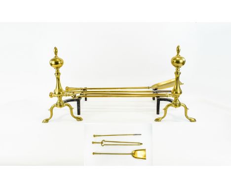 Antique - Quality and Heavy Pair of Brass and Cast Iron Fire Dogs / Irons with Set of Fire Tools. Comprises Poker, Shovel and