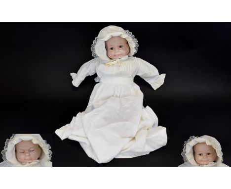 Vintage Bisque Three Faced Infant Doll Rare and unusual doll with cloth hand stitched body and bisque arms. Unusual rotating 