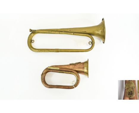 Cavalry Bugle Copper and brass bugle marked 23 Royal Welsh Fusiliers. Also a vintage French bugle marked F. Besson, Paris.