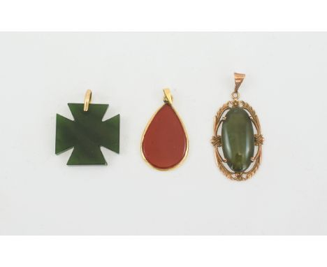 A Collection of 9ct Gold Mounted Stone Set Pendants ( 3 ) In Total. Includes 1/ A Polished Jade Stone Set In a 9ct Rose Gold 