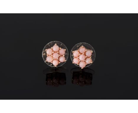 Pink Opal Flower Stud Earrings, each earring comprising seven round cut natural pink Peruvian opals, set in rose gold vermeil