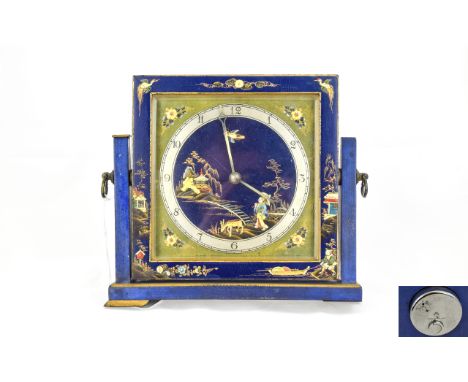 English Nice Quality Chinoiserie - Painted and Enamel 8 Day Mantel Clock. c.1920. Silvered Chapter Ring, Painted Scenes. Heig