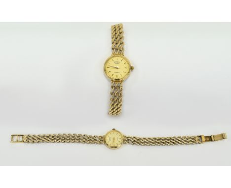 Ladies Rotary Quartz 9ct Gold Wrist Watch with Integral 9ct Gold Weave Bracelet. c.1990's. Fully Hallmarked Watch Case and Br