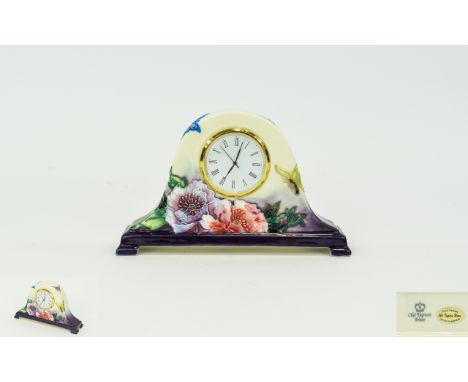 Old Tupton Ware Hand Painted Tube lined Mantel Clock, Butterflies and Flowers Decoration. 3 Inches High & 4.75 Inches wide. 1