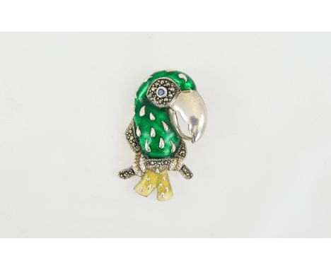 1930's Silver and Enamel Brooch. In The Form of a Parrot. Set with Yellow and Green Enamel and Marcasite. Marked 925 Silver. 