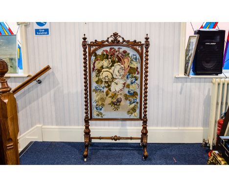 Victorian Period Stunning Quality - Large and Impressive Fire Screen. c.1860's. With Lavishly Carved Walnut Frame, Barley Twi