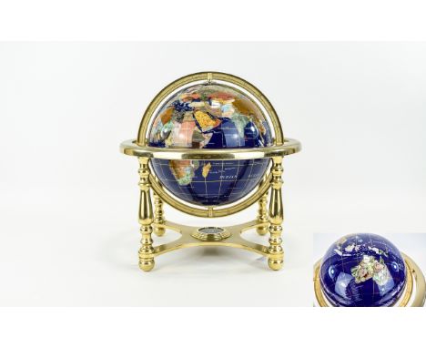 A Fine Quality Vintage Lapis - Lazuli - World Globe Set with Gemstones, Mounted on a Gold Plated Stand with Compass. Height 1