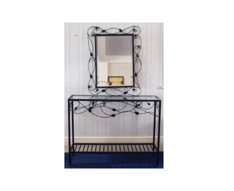 Contemporary Metal And Glass Console Table With Matching Mirror Metal construct with verdigris finish and scroll and foliate 