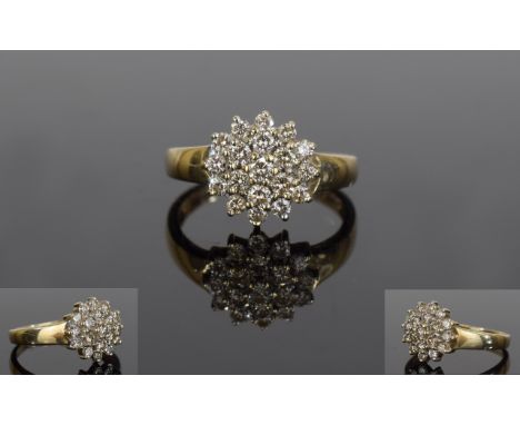 18ct Gold Diamond Cluster Ring In a Flower head Setting, Set With 19 Round Brilliant Cut Diamonds, Fully Hallmarked, Ring Siz