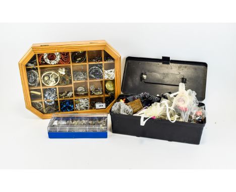 A Large Collection Of Vintage Costume Jewellery Housed in a glazed compartmentalised box to include several 1950's paste set 