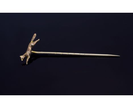 A Fine Mid Victorian Period 9ct Gold Figural Fox Topped Stick Pin with Original Period Box. Marked 9ct. 2.25 Inches In length
