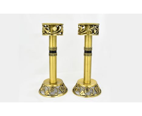 Arts and Crafts Style Pair of Brass Candlesticks with Stylish Floral and Fruit Decoration to Tops and Bases, Painted Enamel C