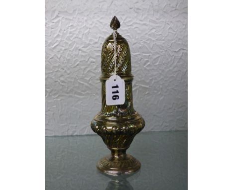HM LONDON SILVER SUGAR SIFTER WITH BLANK CARTOUCHE WITH TWIST FINIAL