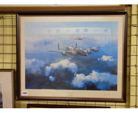 PRINT OF A 'LANCASTER' BY ROBERT TAYLOR - SIGNED IN PENCIL LEONARD CHESHIRE LOWER RIGHT HAND CORNER 50 CM X 39CM APPROXIMATEL
