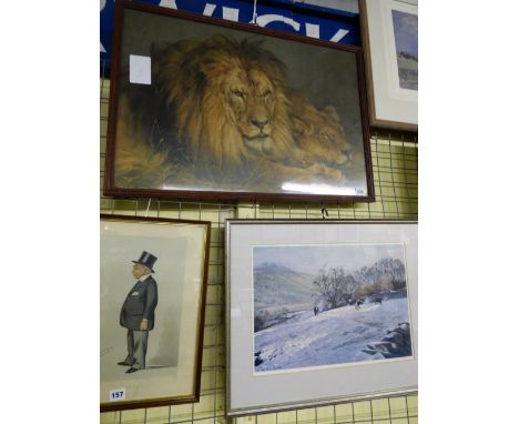 PEARS PRINT OF A LION & LIONESS, JOHN COOKE SIGNED PRINT & A SEPIA PHOTOGRAPH PRINT OF WEYMOUTH PARADE DATE 1904 F/G