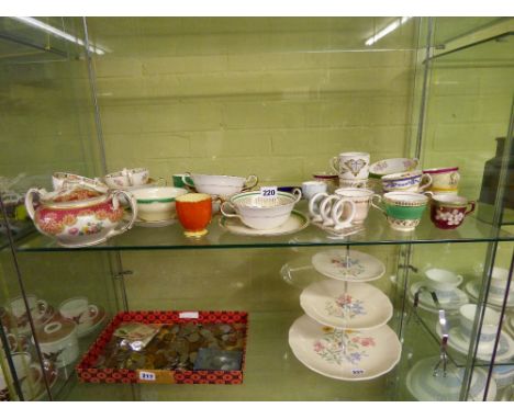 SHELF OF TEACUPS, SAUCERS, EGGCUPS & SOUP BOWLS INCLUDING: AYNSLEY, MINTON, COPELAND SPODE, PARAGON, ETC