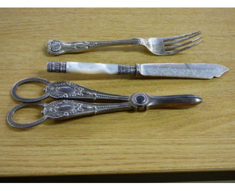 HM SILVER BLADED KNIFE WITH MOTHER OF PEARL HANDLE, HM SHEFFIELD SILVER FORK & A PAIR OF EPNS GRAPE SCISSORS