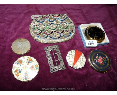 Miscellaneous vintage compacts, beaded bag and a silver shoe buckle.