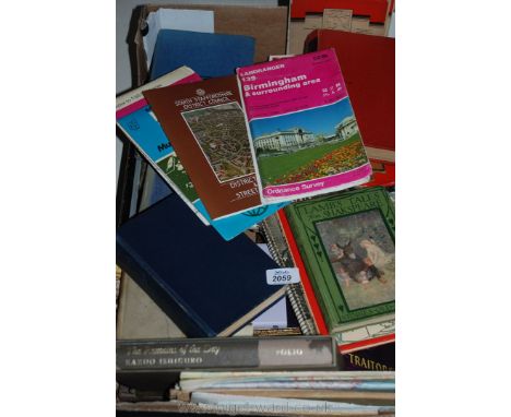 A box of books including Traitor's Gate by Dennis Wheatley, Lambs Tails by Shakespeare, Maps, etc.