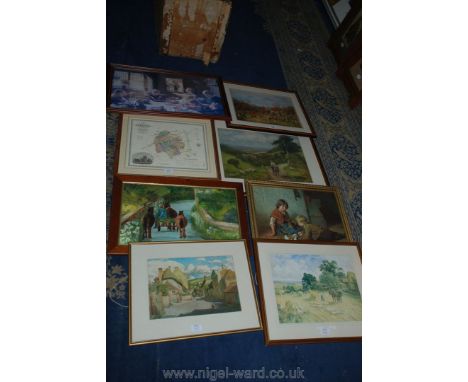 Eight pictures to include a Print of children with rabbits, Oil on board of horse and cart on lane, Hunting scene, Harvest sc