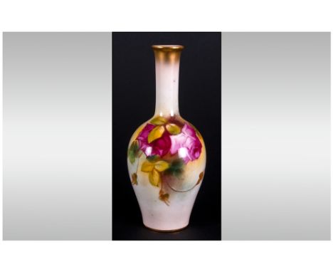 Royal Worcester Hand Painted Bud Vase ' Roses ' Signed Ethel Spilsbury, Date 1929. 5 Inches High. Good Condition In All Aspec