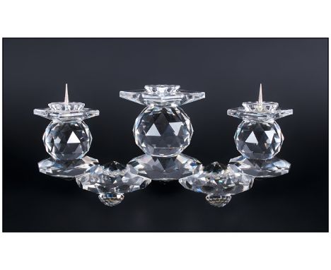 Swarovski Elegantly Designed Fine Cut Crystal 3 Branch Pin Candlestick. Designed and Issued 1976-1986. Num. 010054/7600 11500