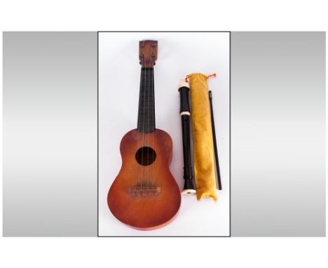 Small Miniature Guitar Made In Germany, 21'' in lenght. With recorder by Aulos No205. 17''