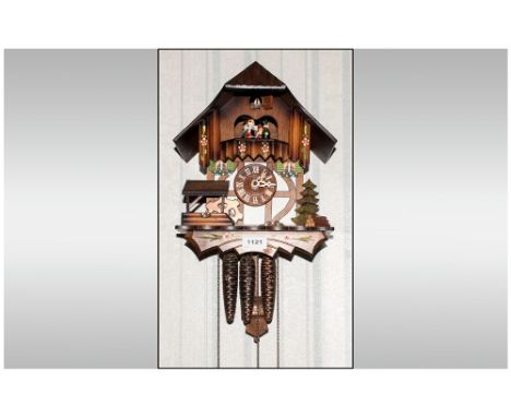 German Black Forest Musical Triple Weighted Cuckoo Clock Of Typical Form With Painted House Frontage, Moving Figures And A Wa