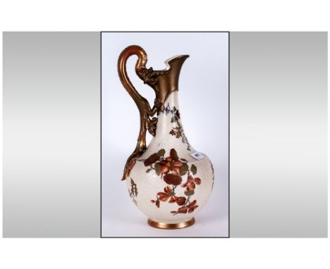 Royal Worcester Floral on Ivory Ewer with Mythical Serpent Handle. c.1880's. Height 13.25 Inches. Restoration To Neck, Handle