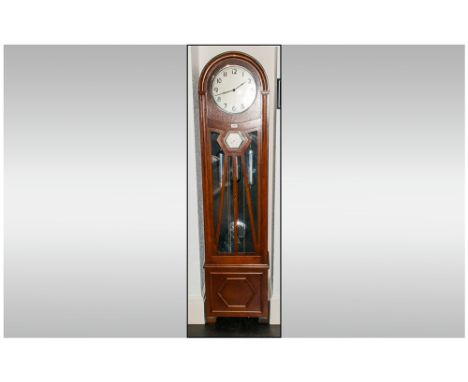 German 1930's Oak Cased Grandfather Clock with a domed shaped top with a chrome & steel dial, with a barometer below. The doo
