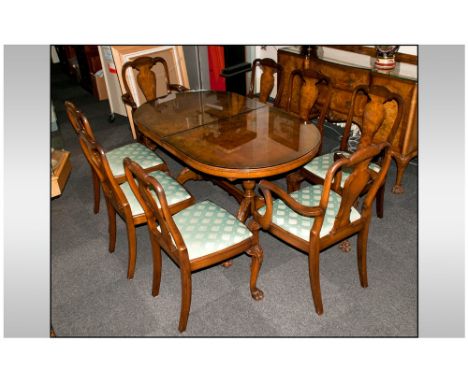 Walnut 9 Piece Queen Anne Style Dining Room Suite, sideboard with a shaped front, 2 drawers to the centre flanked by cupboard