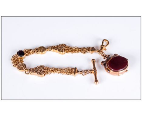 9ct Gold Albertina Fancy Watch Chain with attached antique combined swivel bloodstone set fob & locket. Hallmark Birmingham 1