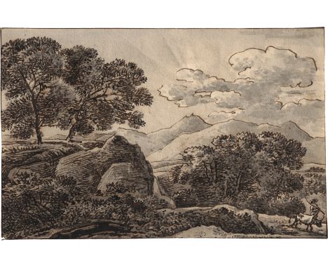 Kobell, Franz -- Gebirgslandschaft mit Kuhhirte.Feder in Braun über Pinsel in Grau auf Velin. 10,5 x 16,3 cm. Verso signiert 