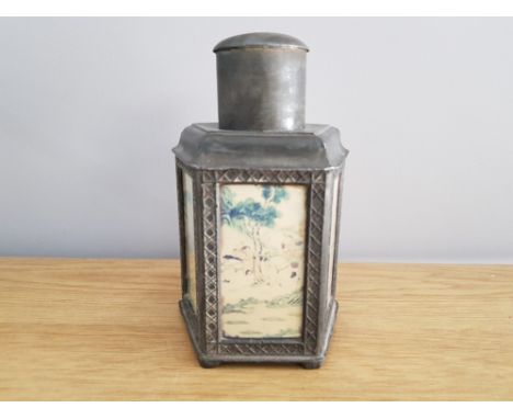 ANTIQUE PENTAGONAL CHINESE PEWTER TEA CADDY WITH HAND PAINTED 5 PANEL UNDERGLASS SIGNED UNDERNEATH