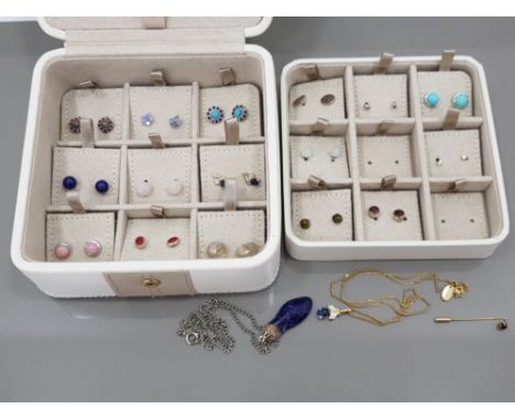 A COLLECTION OF SIXTEEN EARRINGS MOSTLY SILVER OF VARIOUS DESIGNS TWO PENDANTS ON CHAINS A STICK PIN IN A DULWICH DESIGNS JEW