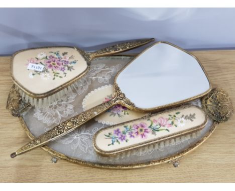 4 PIECE VINTAGE DRESSING TABLE SET, WITH FLORAL PATTERNED EMBROIDERY