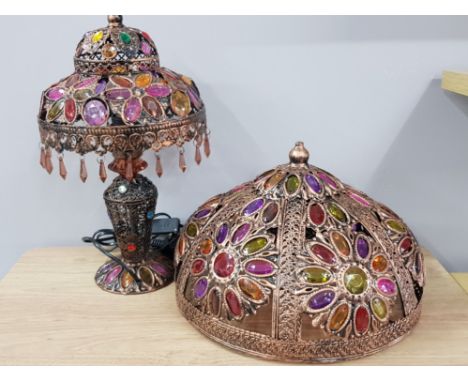 METAL COPPER EFFECT TABLE LAMP AND SHADE WITH MULTI COLOURED GEM STONE EFFECT DESIGN PLUS LARGER MATCHING LAMPSHADE