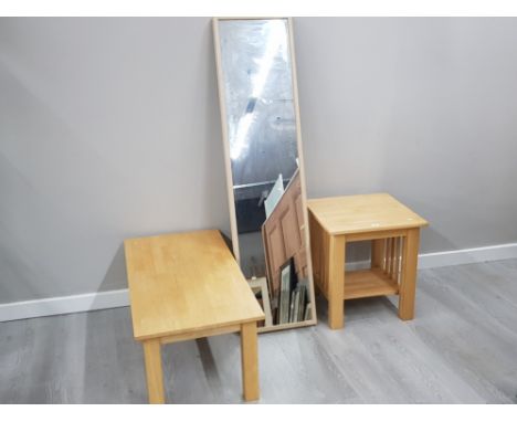 BEECH 3 PIECE SET COMPRISING OF COFFEE TABLE, LAMP TABLE AND NARROW HALL MIRROR