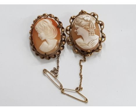 2 VINTAGE ROLLED GOLD CAMEO BROOCHES, BOTH WITH SAFETY CHAINS