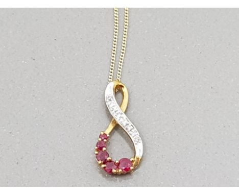 A 9CT YELLOW GOLD RUBY AND DIAMOND PENDANT BY ERNEST JONES ON 9CT GOLD CHAIN 1.3G GROSS