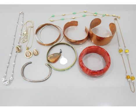A SILVER BANGLE 14.3G THREE COPPER BANGLES AN AMBER TYPE BRACELET NECKLACES ETC