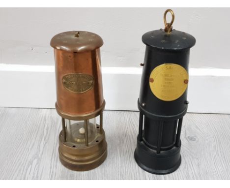 2 MINERS LAMPS INCLUDES COPPER AND BRASS VINTAGE ASHINGTON COLLIERY AND A REPRODUCTION GEORDIE SAFETY LAMP NEWCASTLE UPON TYN