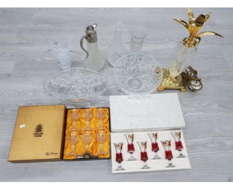CUT AND MOULDED GLASSWARE TO INCLUDE A TABLE LAMP CATHEDRAL CRYSTAL BOXED SHERRY GLASSES CRANBERRY OVERLAY AND GILT GLASSES E