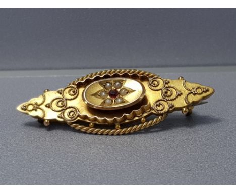 9CT YELLOW GOLD RUBY AND PEARL BROOCH 3.1 G GROSS