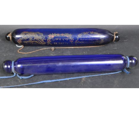 A Victorian 19th century Bristol blue glass rolling pin enameled with The&nbsp;Great Australia Clipper-Ship, 'Love and be Hap